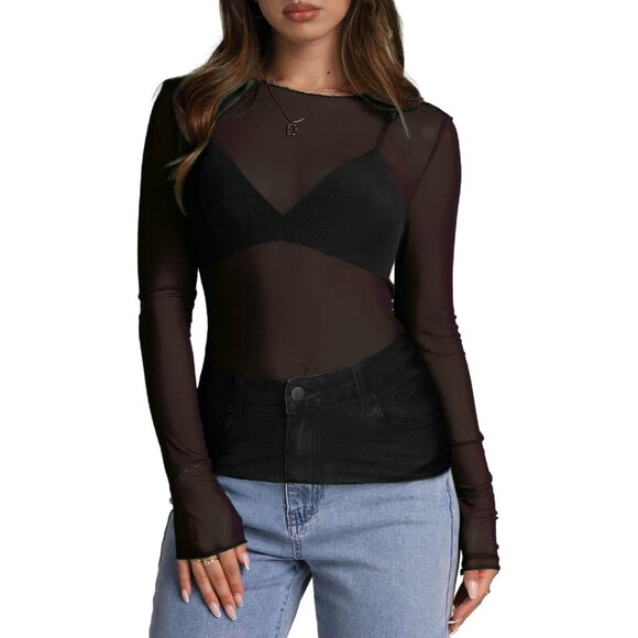 🆕 Women Black Mesh Sheer Long Sleeve Tops Lace Sexy Mock Neck Shirts Layering - Picture 2 of 4